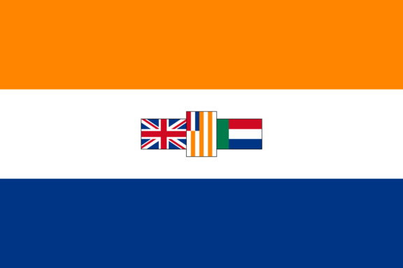 A historical flag with horizontal stripes in orange, white, and blue, featuring the Union Jack and the flag of the Netherlands centered on the white stripe.