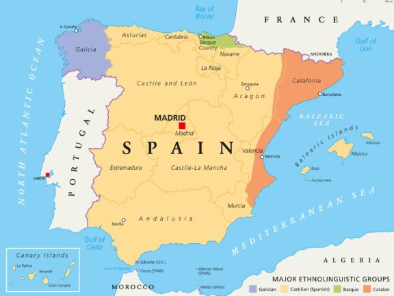 Map of Spain Showing Ethnolinguistic Groups The map above shows the major ethnolinguistic groups of Spain. The map is color-coded to distinguish different regions according to the predominant language or dialect spoken there.