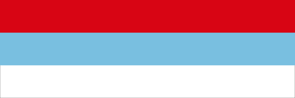 Flag of Montenegro with horizontal stripes in red, blue, and white.