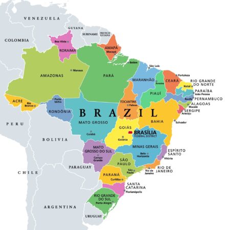 States of Brazil, political map. Differently colored federative units, with their borders and capitals. Subnational entities with certain degree of autonomy, forming the Federative Republic of Brazil.