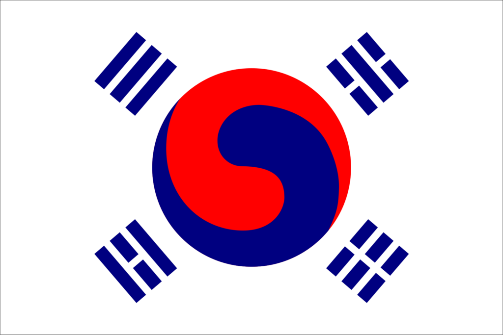 South Korean flag, also known as the Taegukgi, with a red and blue yin-yang symbol in the center and four black trigrams in each corner on a white background.