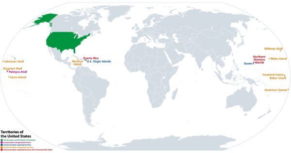 Territories of the United States, political map. Subnational administrative divisions. The 50 states, and incorporated, unincorporated, organized, unorganized and territories with Commonwealth status.