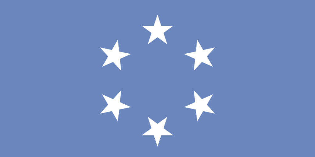 Flag of the Trust Territory of the Pacific Islands with a light blue background and six white stars arranged in a circle.