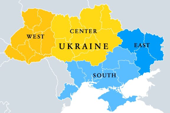 Ukraine geographic divisions, political map. Eastern European country, split into four areas, used in polls, or for reference or statistical purposes. Western, Eastern, Southern and Central Ukraine.