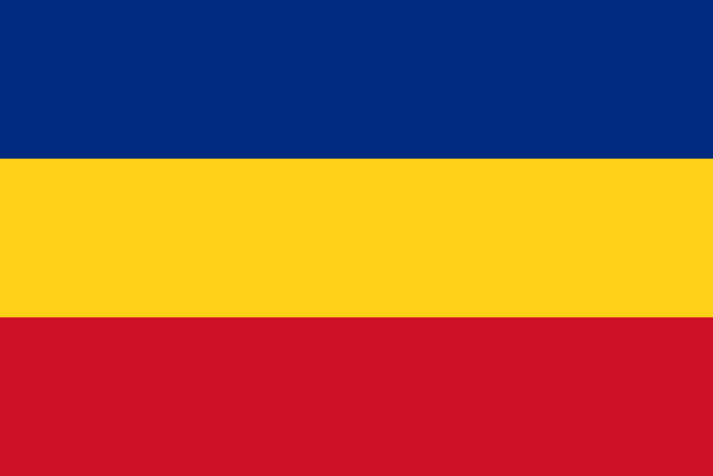 Horizontal tricolor flag with blue, yellow, and red stripes.