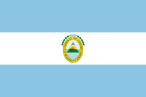 Flag of the United Provinces of Central America with horizontal blue-white-blue stripes and a central coat of arms.