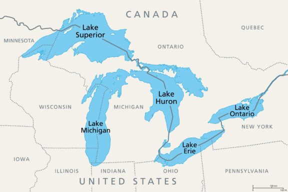 Great Lakes of North America, political map. Lake Superior, Michigan, Huron, Erie and Lake Ontario. A series of large interconnected freshwater lakes on or near the border of Canada and United States.