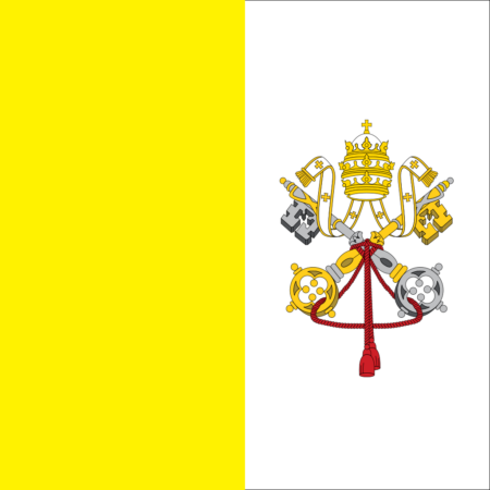 Flag of Vatican City with two vertical bands, one gold or yellow and one white with the crossed keys of Saint Peter and the Papal Tiara centered in the white band.