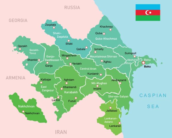 The map outlines the borders and major cities of each economic region in Azerbaijan.