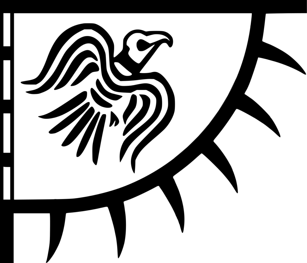 A stylized black raven on a white background, depicted on a historical Viking flag.