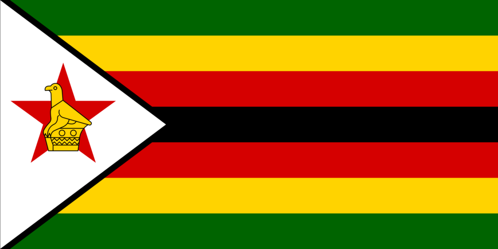 Flag of Zimbabwe featuring seven horizontal stripes in green, yellow, red, black, red, yellow, and green, with a white triangle containing a red star and a depiction of the Great Zimbabwe Bird.