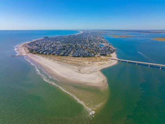 An aerial view of Ocean City, New Jersey and the surrounding water.