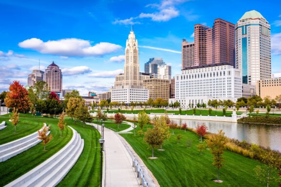 The skyline of Columbus Ohio can be seen from across the Scioto River in Franklin County.