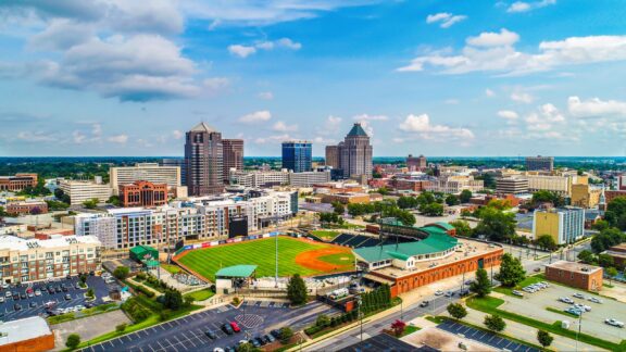 An aerial view of Greensboro, North Carolina from a drone.