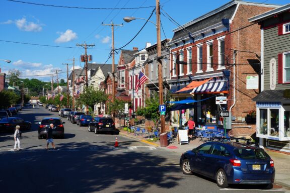 People cross a street in Hunterdon County’s city of Clinton.