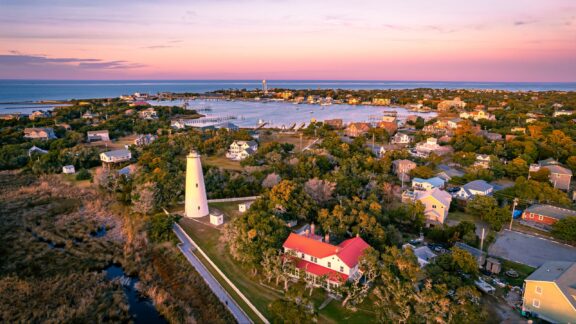 An aerial view of Ocracoke Island and the Ocracoke Lighthouse