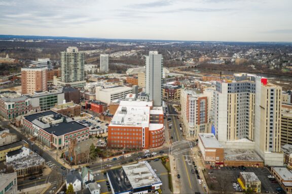 An aerial view of New Brunswick, the seat of Middlesex County, New Jersey.