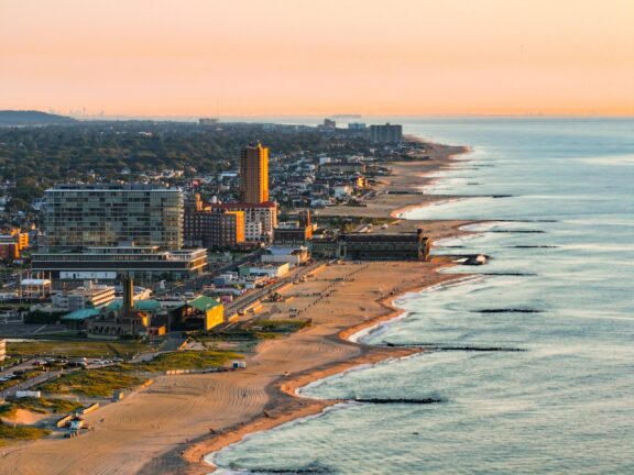 An aerial view of the city meeting the ocean at Monmouth County’s Asbury Park.