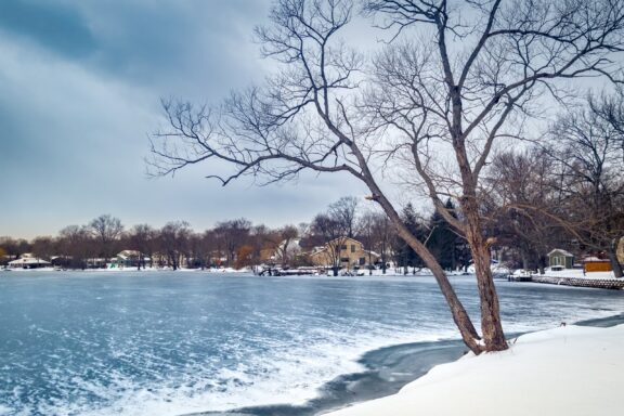 Parsippany Lake is frozen after a heavy storm.