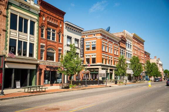 Brick buildings line a street in Saratoga, New York.