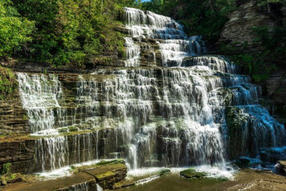 Water cascades over rocks into Seneca Lake in Schuyler County.