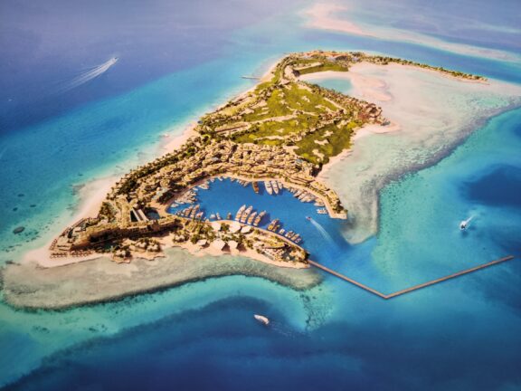 An artistic representation of a bird’s eye view of the planned Sindalah resort complex.