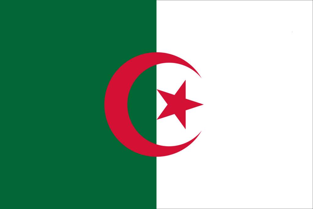 Algerian flag consisting of two vertical bands of green and white with a red crescent and star centered over the boundary.