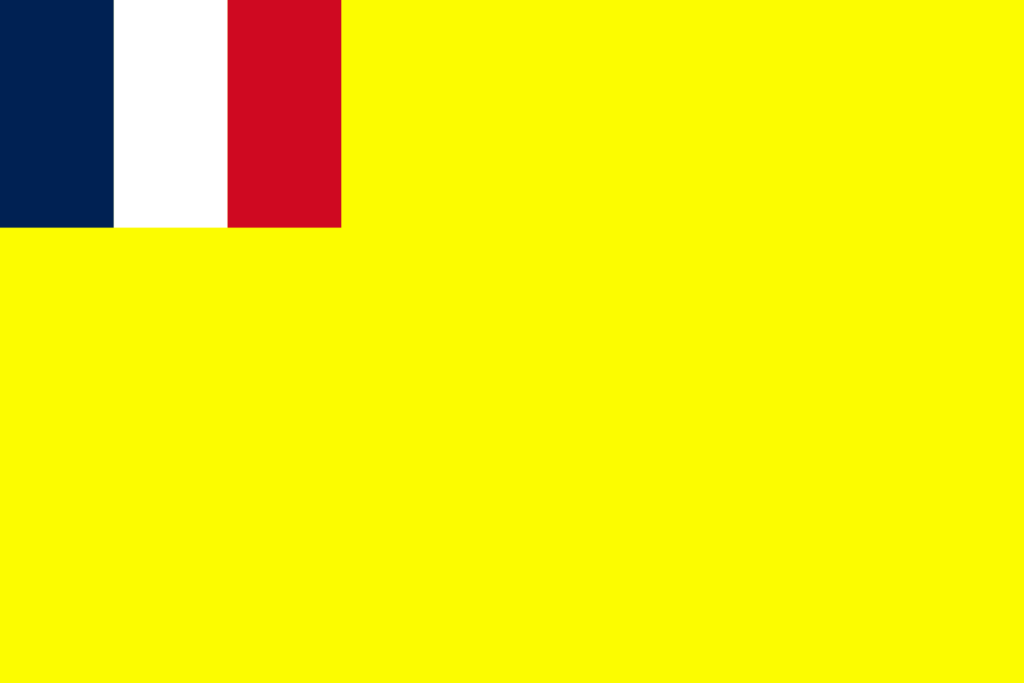 Flag with three vertical stripes in blue, white, and red on the left side and a solid yellow field on the right side.