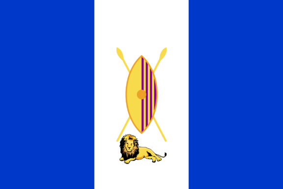 Flag of the Buganda Kingdom with a central white stripe featuring a shield and spears, flanked by blue stripes and a lion at the bottom.