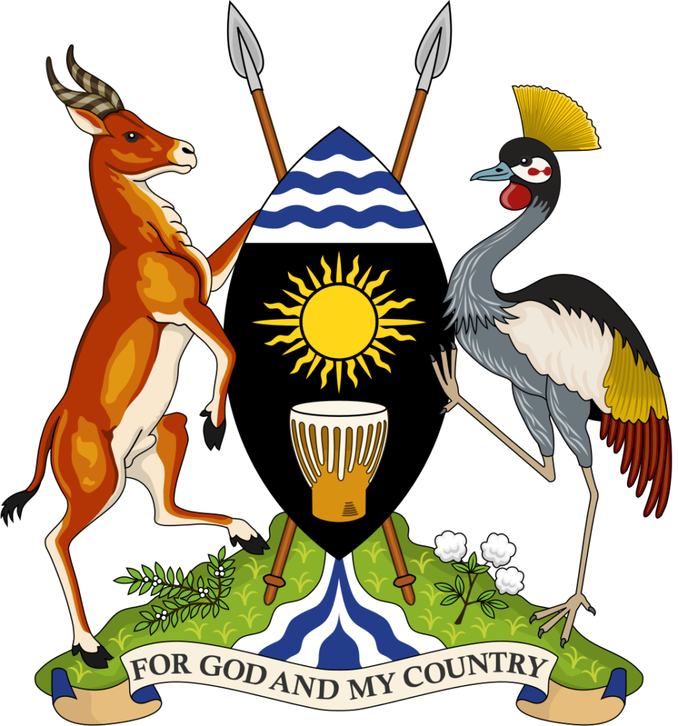 Coat of arms of Uganda featuring a shield with waves, sun, and traditional drum, flanked by a crested crane and an Ugandan kob, with the motto "For God and My Country" below.