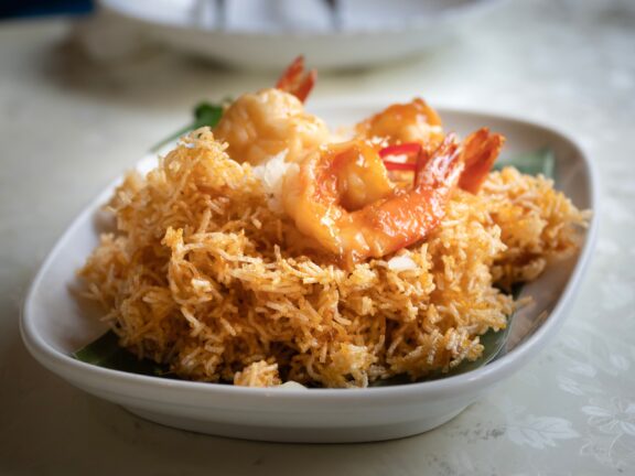 Delicious mee krob shrimp crispy thai rice noodles and sweet