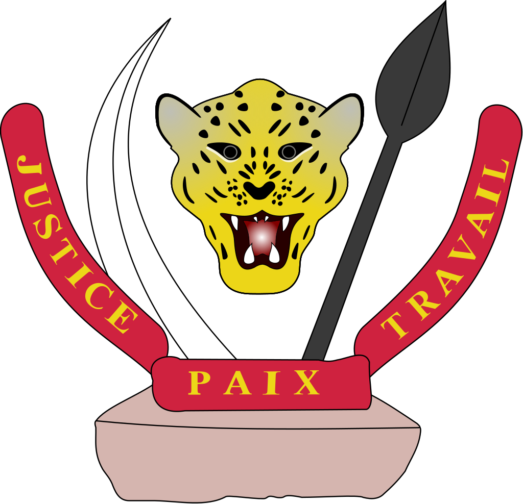 Coat of arms of the Democratic Republic of the Congo featuring a leopard head, a spear, a machete, and a banner with the words "Justice, Paix, Travail".