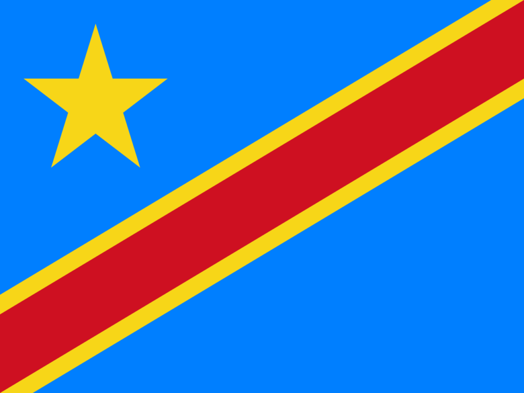 Flag of the Democratic Republic of the Congo with a sky blue background, a red diagonal stripe bordered by two narrow yellow stripes, and a yellow star in the upper left corner.