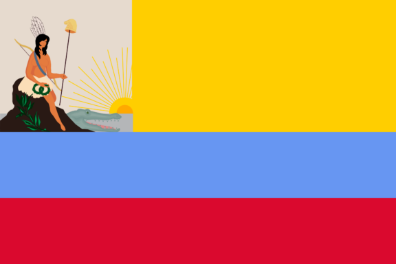 Flag of the First Venezuelan Republic with a yellow, blue, and red horizontal tricolor and a depiction of a woman holding a spear in the upper left corner.