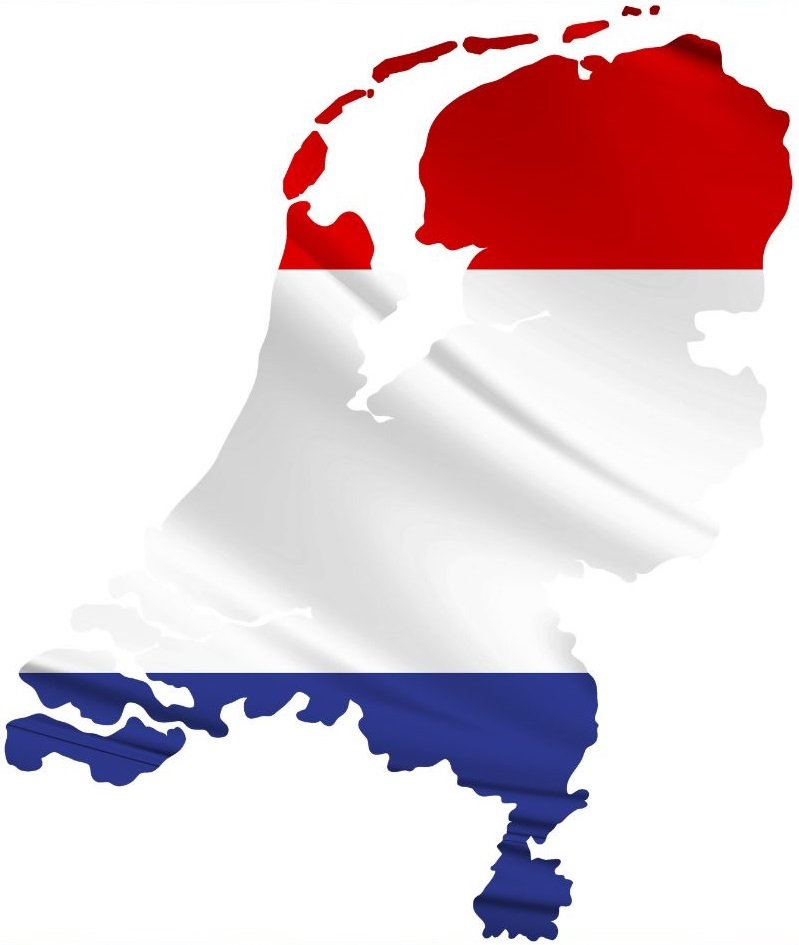 Map of the Netherlands shaped by the Dutch flag colors, red on top, white in the middle, and blue at the bottom.