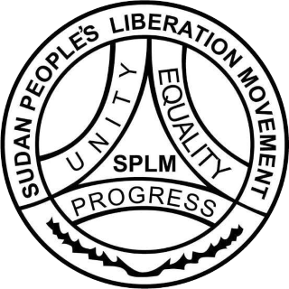 Logo of the Sudan People's Liberation Movement featuring a circle with the words "Sudan People's Liberation Movement" on the top and "Unity, Equality, Progress" inside the circle.