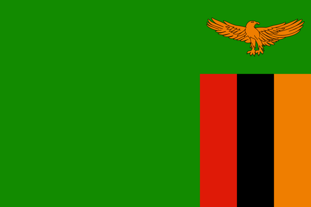 Flag of Zambia with a green background, an orange eagle in flight above a vertical stripe of red, black, and orange on the right side.