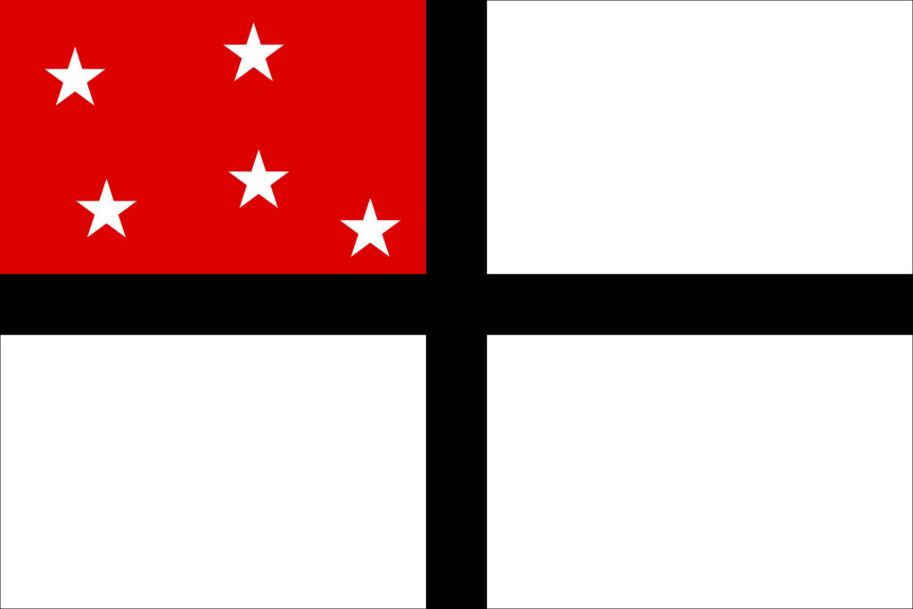 Flag of the German East African Company featuring a red field with a white cross and five white stars on the upper left quadrant.