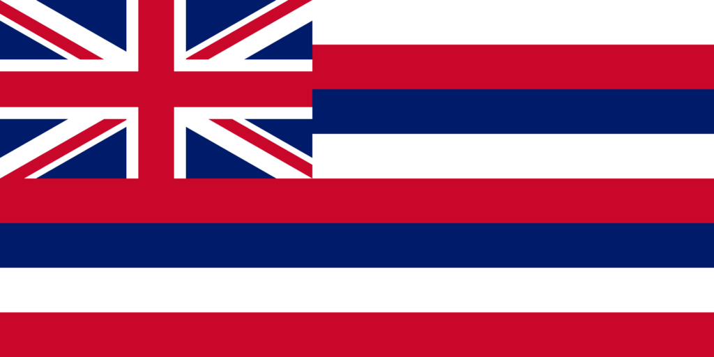 Flag of Hawaii featuring the Union Jack and eight horizontal stripes.