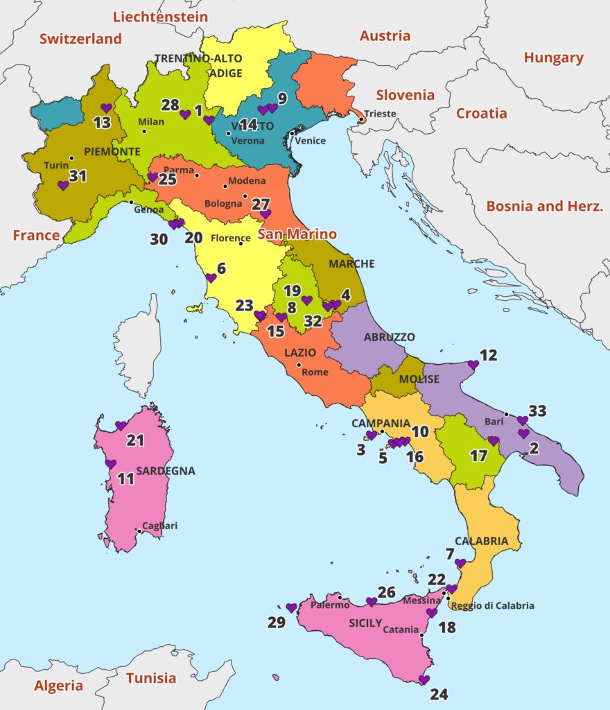 Colorful map of 33 hidden gems of Italy.