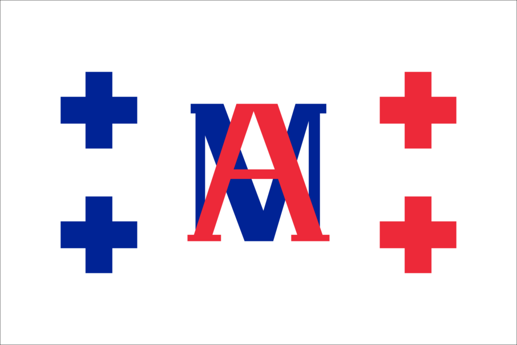 Flag of Tonga with a white field featuring a red cross and four smaller blue crosses.