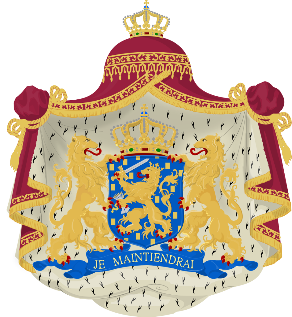 Coat of arms of the Netherlands featuring a central blue shield with a gold lion, a crown on top, and two gold lions as supporters, surrounded by a white mantle with red lining and a motto below.