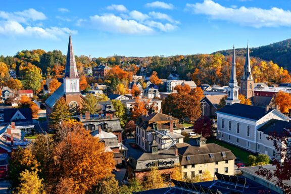 Autumn view over the historic city of Montpelier Vermont, Northeast US.