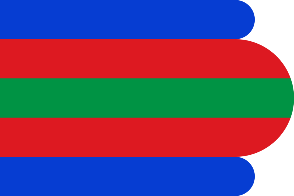 Horizontal stripes in blue, red, and green with white borders on a flag.