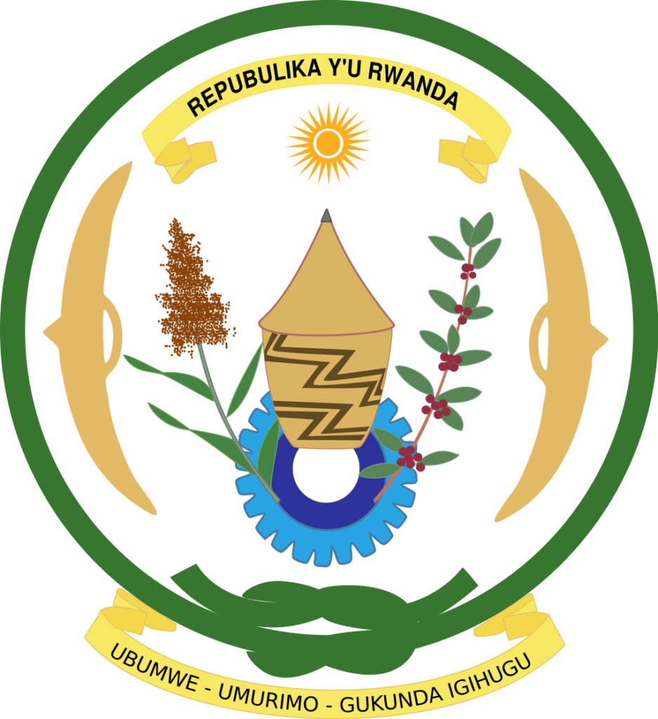 Emblem of Rwanda featuring a traditional basket, sorghum and coffee branches, and a gear with the text "Republika y'u Rwanda" and the motto "Ubumwe, Umurimo, Gukunda Igihugu".
