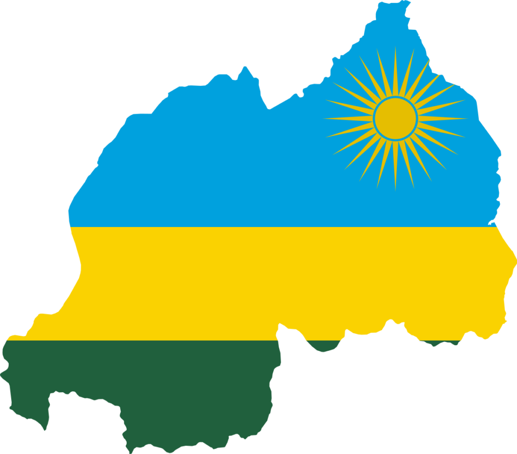 Outline of Rwanda's map filled with the national flag, featuring three horizontal stripes of blue, yellow, and green, with a sun in the top right corner.