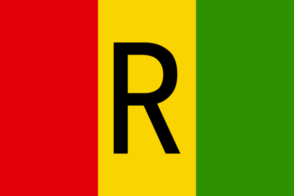 Flag of Rwanda with a large letter 'R' in the center against a background of vertical stripes in red, yellow, and green.