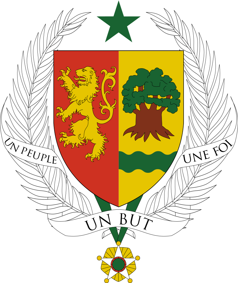 Coat of arms of Senegal featuring a shield with a lion and a baobab tree, a green star above, and the French motto "Un Peuple, Un But, Une Foi" surrounded by olive branches.