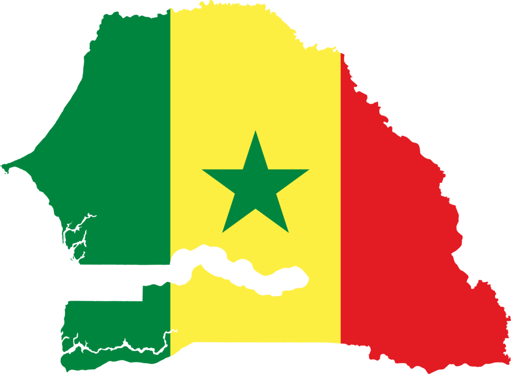 Map of Senegal shaped with the Senegalese flag colors: green, yellow, and red with a green star in the center.