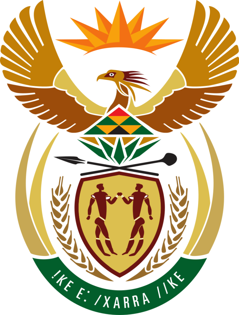 Coat of arms of South Africa featuring a shield with two human figures, a bird above, and wheat sheaves on the sides.